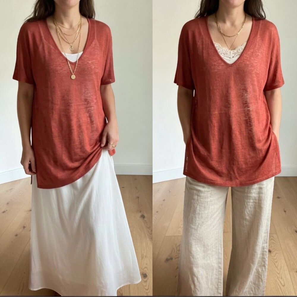 Eileen Fisher Red Short Sleeve Linen Blend Sheer Knit Tunic / Mini Dress Length